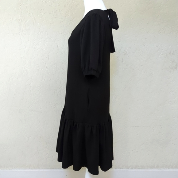 Code x Mode Black Textured Puff Sleeved V Neck Tie Back Peplum Midi Dress Small - Picture 4 of 10